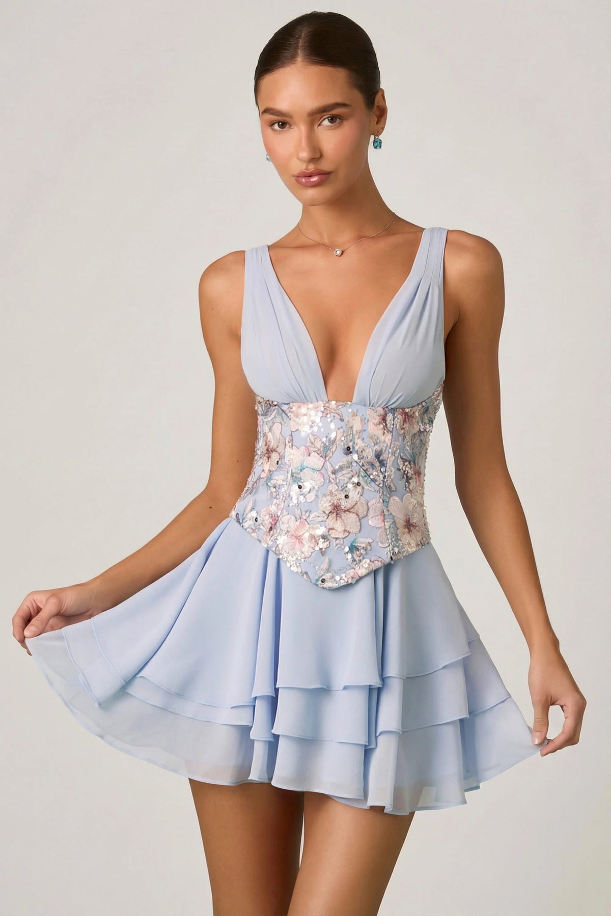 Embellished Ruffled Corset Mini Dress in Floral Blue