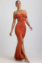 Slinky Jersey Cut-Out Halterneck Gown in Burnt Orange