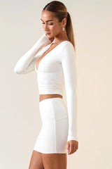 Modal Plunge Long-Sleeve Top in White