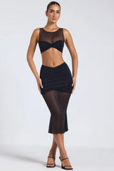 Sheer Panelled Draped Midaxi Skirt in Black