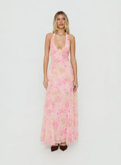 Dandelions Halter Maxi Dress Pink Floral