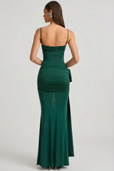 Bow-Detail Ruched Maxi Dress in Emerald Green