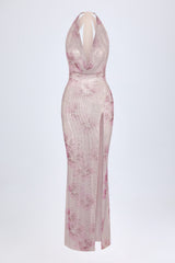 Embellished Cowl-Neck Maxi Dress in Pink White Hotfix