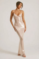 Sheer Sequin V-Neck Cut Out Back Evening Gown in White