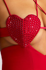 Embellished Heart Cup Detail Evening Gown in Fire Red