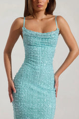 Embellished Cowl-Neck Backless Maxi Dress in Aqua Blue
