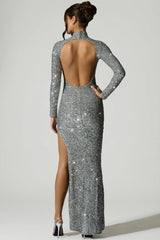 Embellished Open-Back Gown in Silver