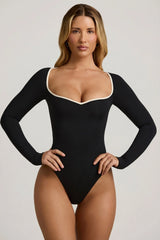 Modal Contrast-Trim Bodysuit in Black