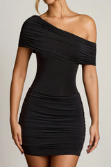Off-Shoulder Draped Mini Dress in Black