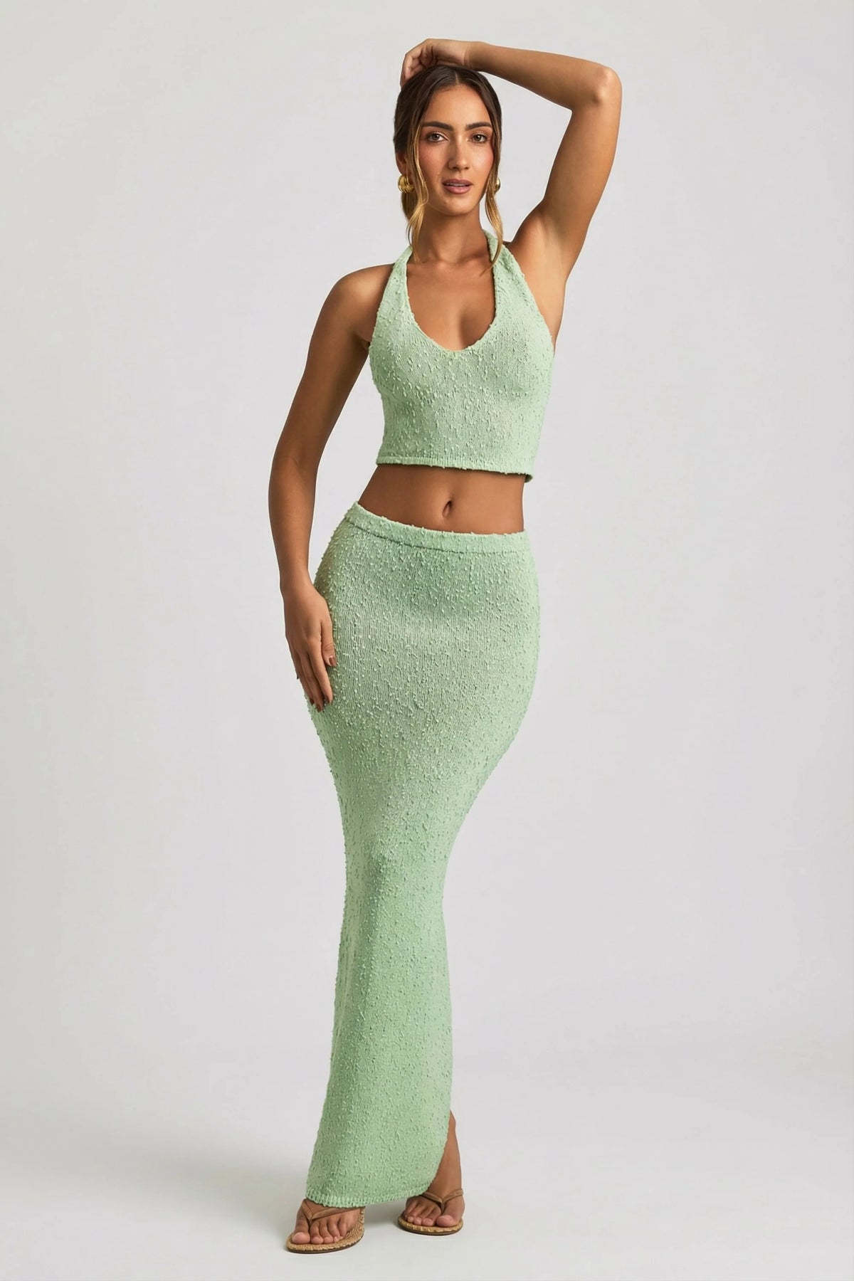 Bouclé Mid-Rise Maxi Skirt in Mint
