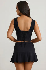 Mid-Rise Godet A-Line Mini Skirt in Black