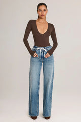 Drawstring Straight-Leg Jeans in Mid Wash