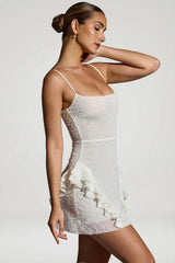 Embellished Frill Mini Dress in White