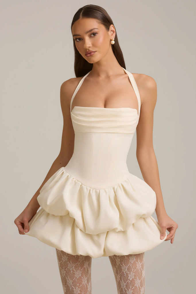 layered bubble dress Halterneck Hem Corset Mini in Ivory – Novrla Shop app The ASOS DESIGN halter 40s puff sleeve dress Color:Yellow/Ivory/Silver