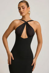 Pearl-Detail Halterneck Maxi Dress in Black