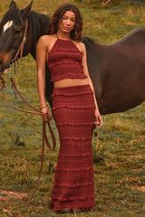 Ruffled Mid-Rise Maxi Skirt in Burnt Red