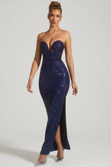Embellished Plunge Gown in Navy