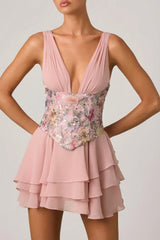 Embellished Ruffled Corset Mini Dress in Floral Pink