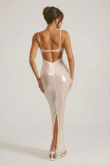 Sheer Sequin V-Neck Cut Out Back Evening Gown in White
