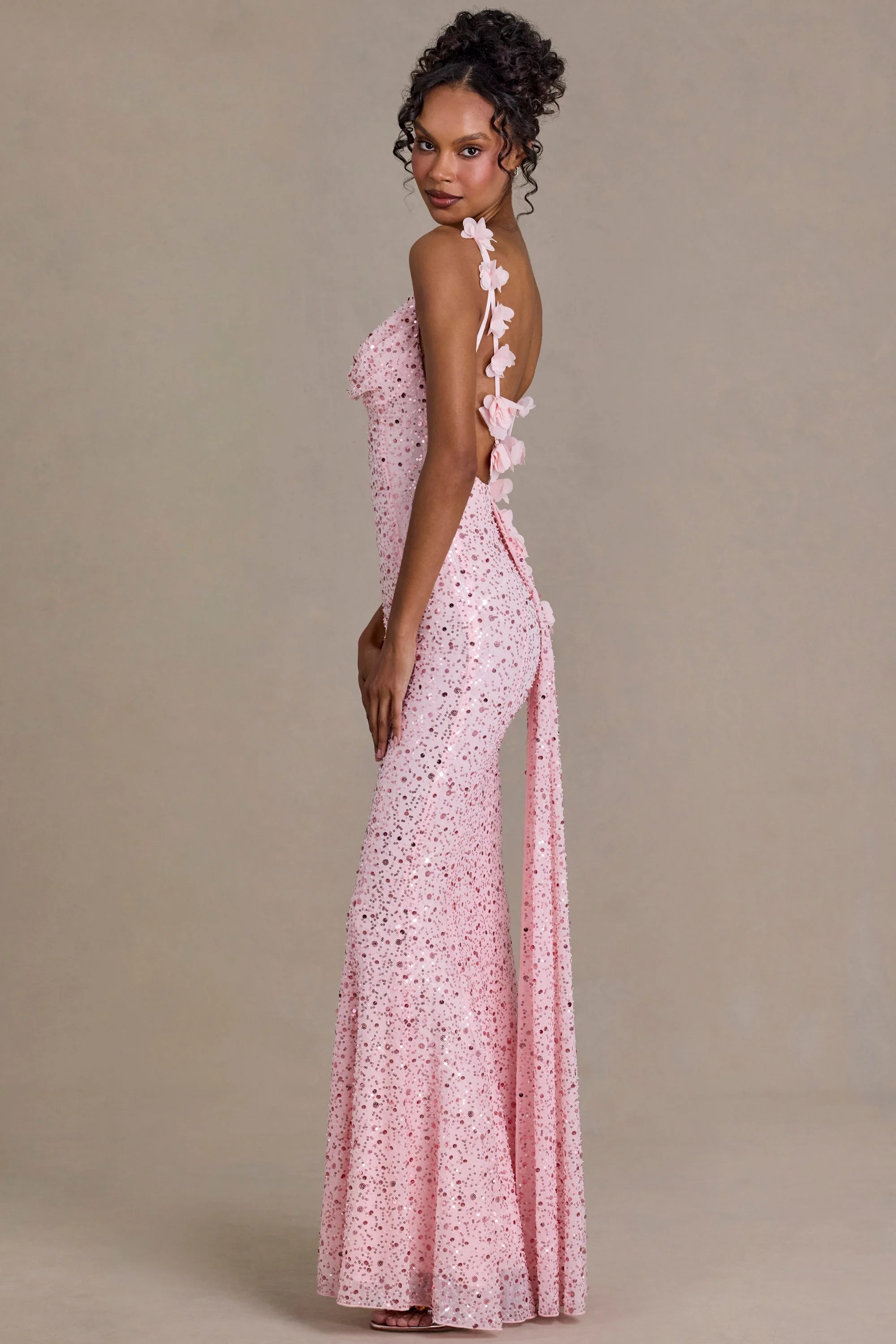 Premium Embellished Open-Back Maxi Dress in Baby Pink – Novrla