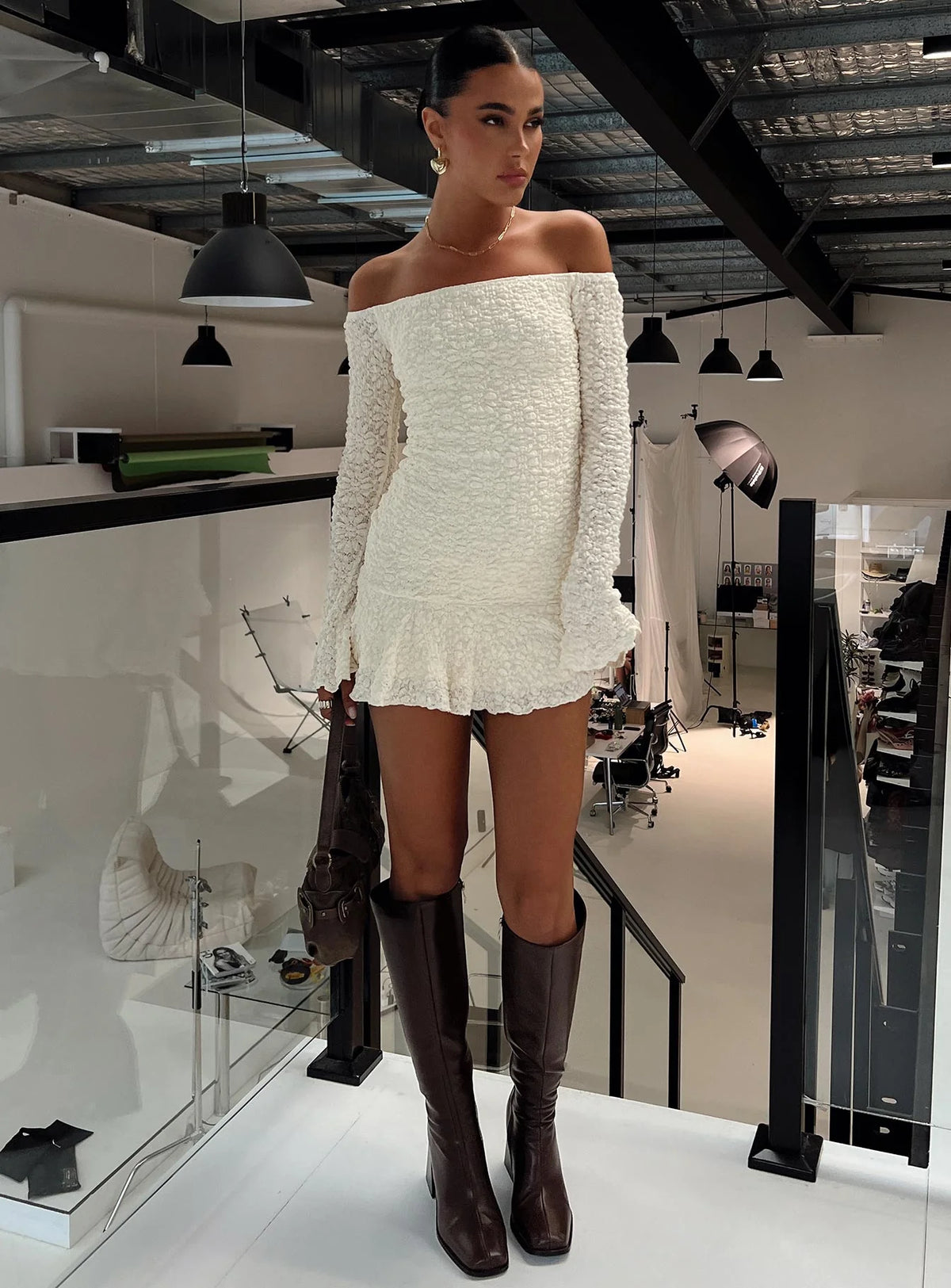 Vancesca Off Shoulder Long Sleeve Mini Dress Cream
